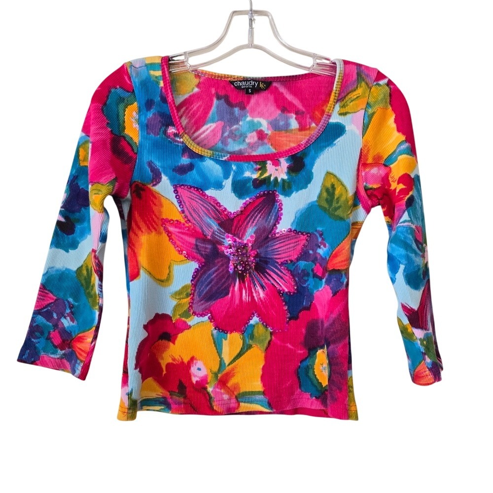CHAUDRY Sports Women's Floral Top - Multicolor Size Small‎ Embellished